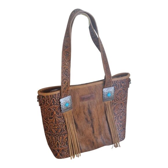 Wrangler Concealed Carry Tote Hair-on Cowhide Fringe Tooled Crossbody Bag Purse - Picture 2 of 16